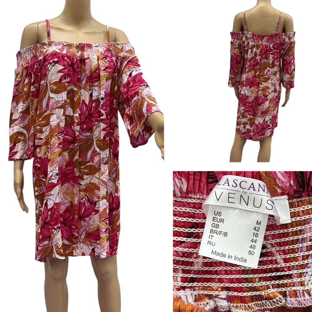 Lacasna For Venus Floral Print Smocked Cold Shoulder Coverup Dress Womens M